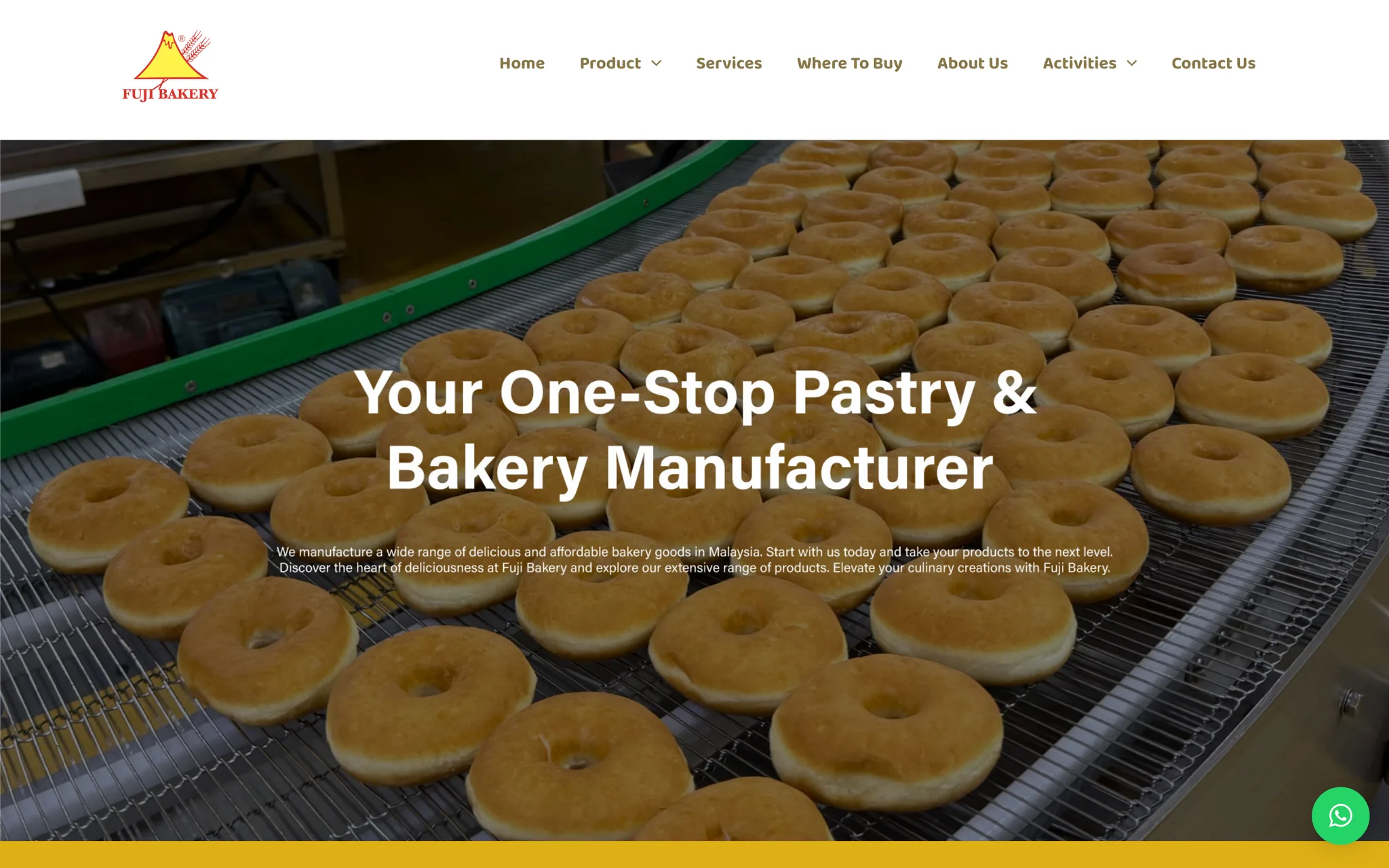 Fuji Bakery home page: a production line of pastries headlined Your One-Stop Pastry and Bakery Manufacturer