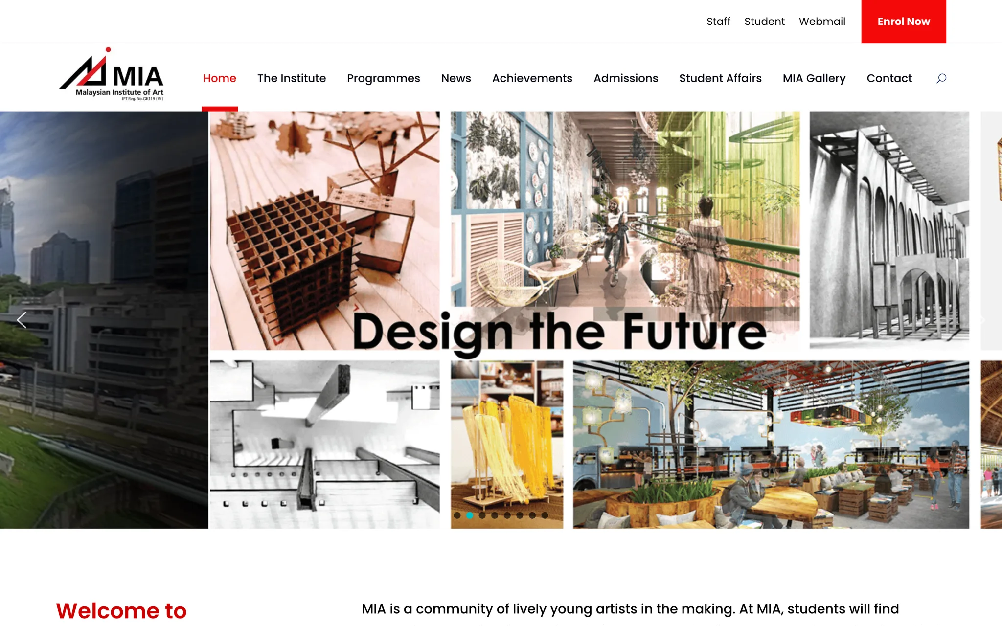 MIA — Malaysian Institute of Art home page: a mosaic of student work under the words Design the Future