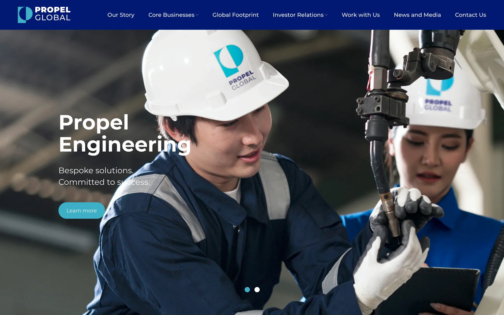 Propel Global Berhad home page: a navy header over a photograph of two engineers at a welding robot, headlined Propel Engineering