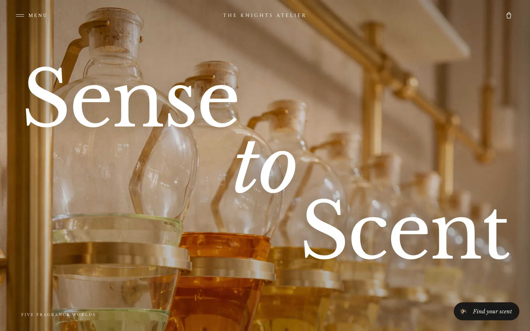 The Knights Atelier home page: a warm gold photograph of perfume flacons under the words Sense to Scent