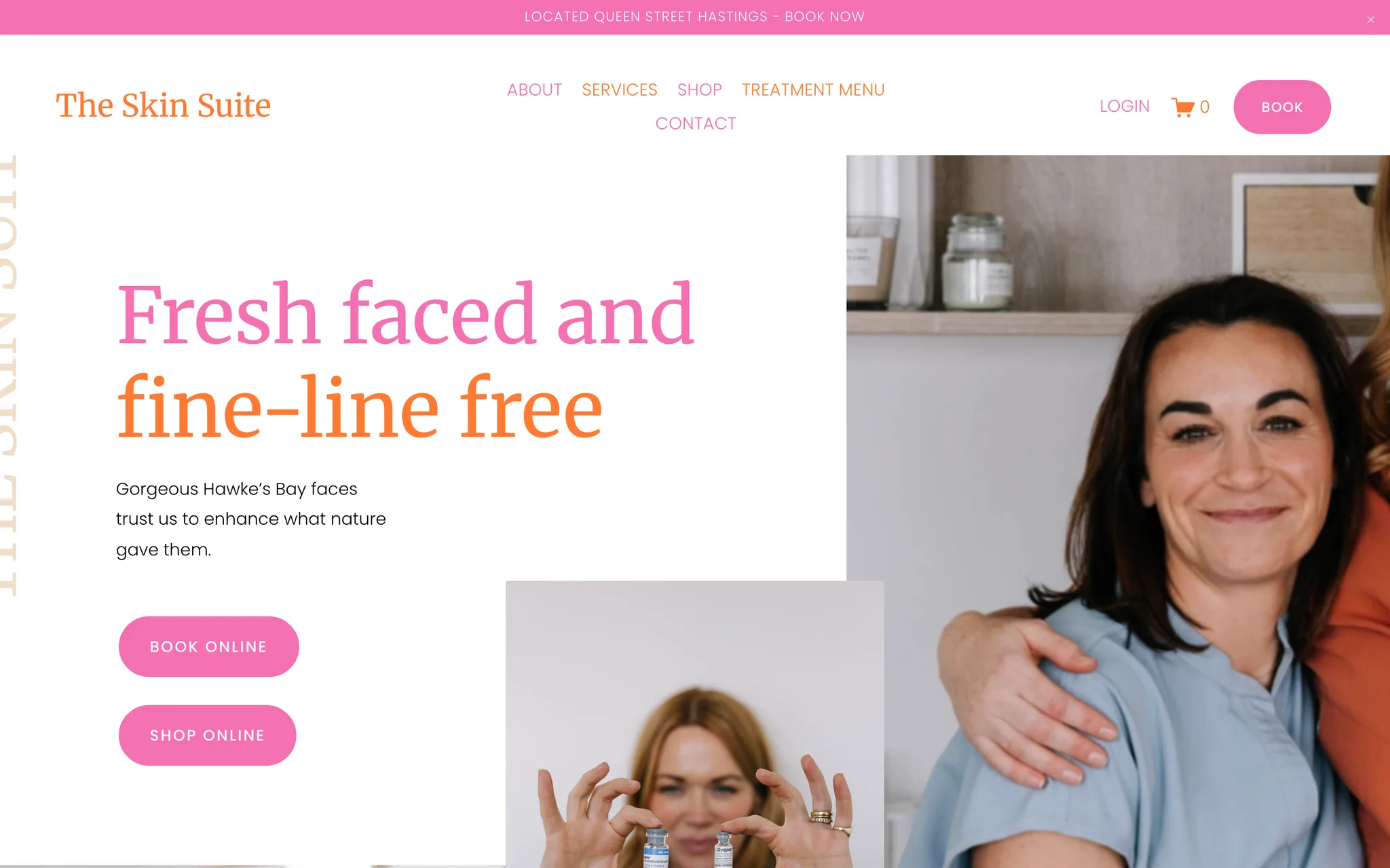 The Skin Suite home page: a soft editorial layout in pink and cream headlined Fresh faced and fine-line free