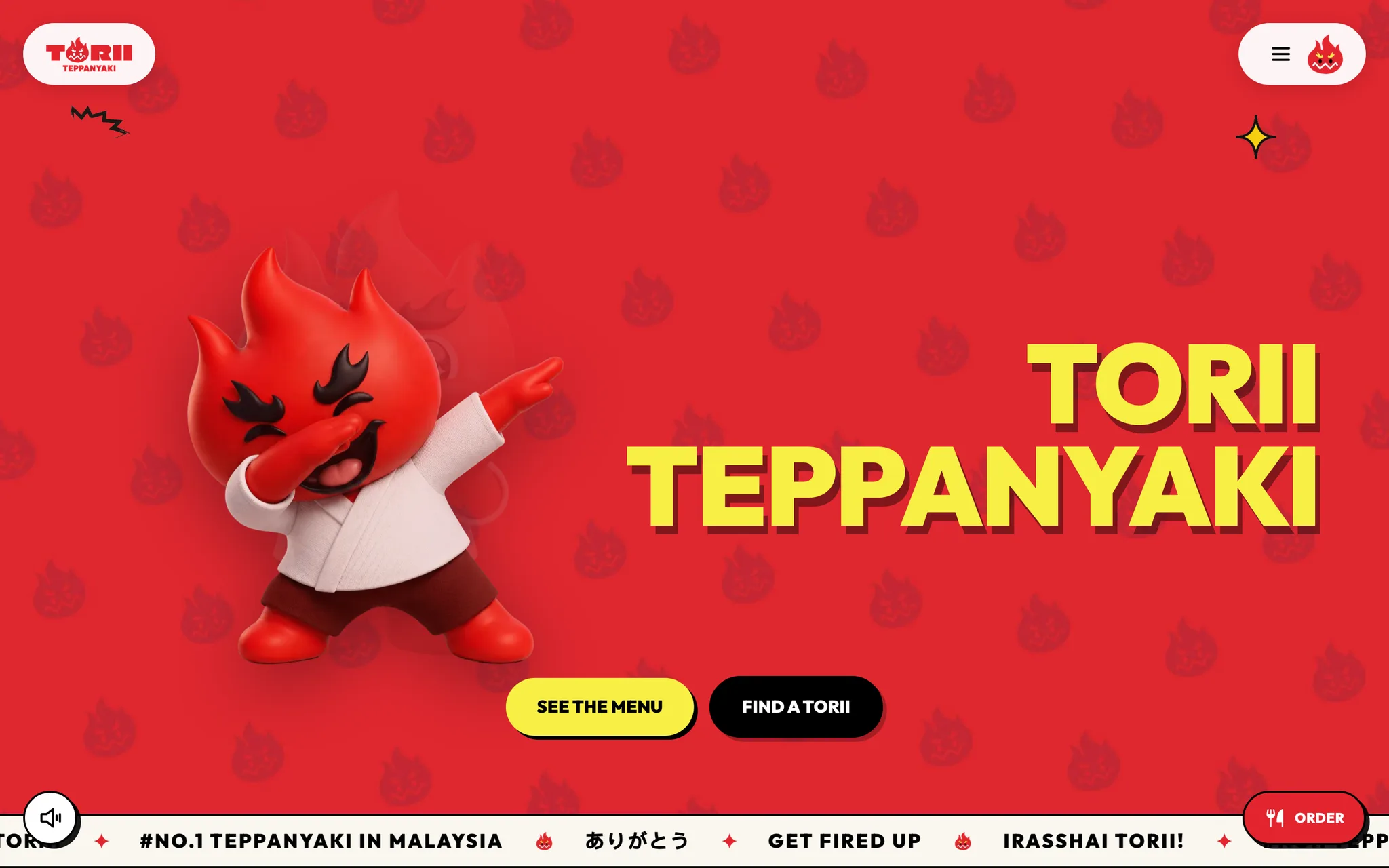 Torii Teppanyaki home page: a red tiled background with the brand's flame mascot and the wordmark set large in yellow